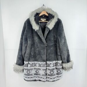 Seventh Avenue Gray Faux Fur Hooded Toggle Coat Snowflake Fair‎ Isle  Womens XL